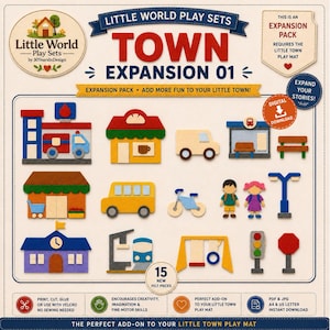 Puede incluir: Little World Play Sets Town Expansion 01 descarga digital con 15 piezas de fieltro que incluyen estación de bomberos, panadería, autobús, bicicleta, dos niños, farola, escuela, tren, columpio, semáforo y señal de stop en fondo crema.