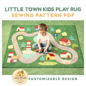 May include: A rectangular green play rug featuring a sewing pattern PDF design with a winding gray road, various felt-style houses, trees, a lighthouse, and a parking sign. The text reads Little Town Kids Play Rug Sewing Pattern PDF.