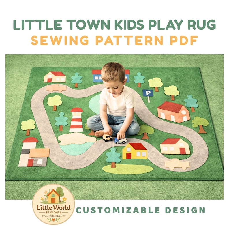 May include: A rectangular green play rug featuring a sewing pattern PDF design with a winding gray road, various felt-style houses, trees, a lighthouse, and a parking sign. The text reads Little Town Kids Play Rug Sewing Pattern PDF.
