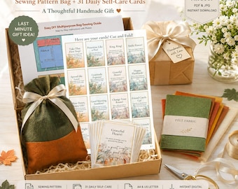 Fall Thanksgiving Gift Set with a Sewing Bag Pattern and 31 Daily Self-Care Cards, Printable PDF JPG (Digital Download)