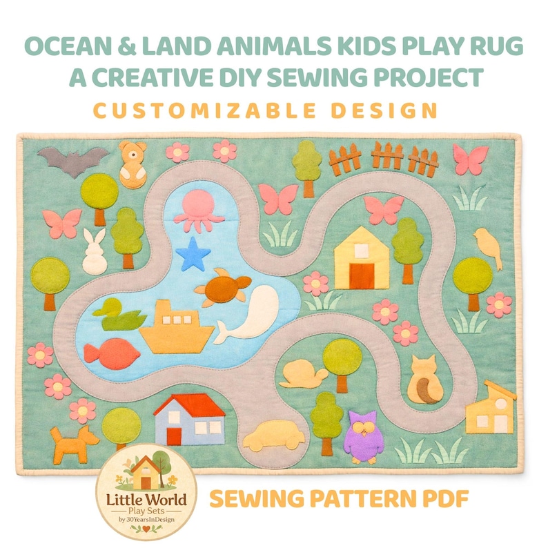 May include: A teal kids' play rug with a road and water design, featuring felt animal and nature cutouts. The rug includes a boat, fish, and various land animals. Text on the rug reads "Ocean & Land Animals Kids Play Rug" and "Sewing Pattern PDF".
