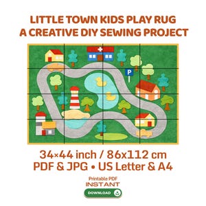 May include: A digital pattern for a Little Town Kids Play Rug, a creative DIY sewing project. The design features a green landscape with a gray road, houses, a hospital, a lighthouse, a pond with ducks, and trees. Measures 34x44 inches, PDF and JPG.