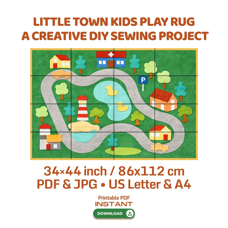 May include: A digital pattern for a Little Town Kids Play Rug, a creative DIY sewing project. The design features a green landscape with a gray road, houses, a hospital, a lighthouse, a pond with ducks, and trees. Measures 34x44 inches, PDF and JPG.