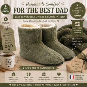 May include: Olive green house slipper and bootie pattern with the text "FOR THE BEST DAD". The image includes a mug that says "BEST DAD EVER" and a tag that says "Thank You Dad For Everything".