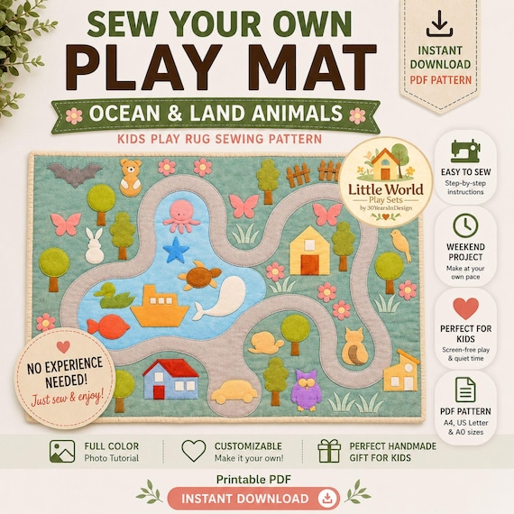 Ocean & Land Animals Play Mat Sewing Pattern, Kids Play Rug , Felt and Fabric Activity Mat, Customizable Design (Digital Download)