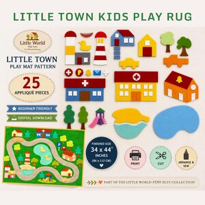 May include: Little Town Kids Play Rug pattern featuring 25 felt appliqu&eacute; pieces including buildings, trees, vehicles, and a pond. The set includes a finished size of 34 x 44 inches, with instructions to print, cut, and sew the digital download design.