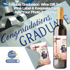 Etichetta adesiva modificabile per bottiglia di vino di laurea, biglietto ricordo, modello Canva stampabile / regalo personalizzato per la classe del 2025 per la festa di laurea