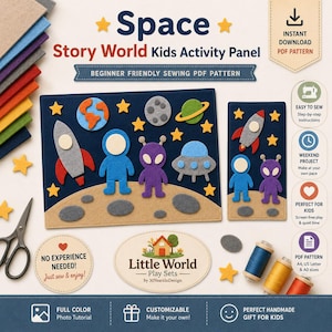 Puede incluir: Un patrón de costura de fieltro con temática espacial que incluye un cohete, astronauta, alienígena, OVNI y planetas sobre un fondo azul oscuro. Incluye texto: Space Story World Kids Activity Panel, Beginner Friendly Sewing PDF Pattern.