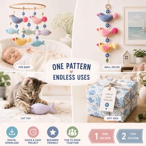 May include: A craft project featuring fabric birds and fish with blue evil eye beads and pom-poms. The display shows a mobile, wall hanging, cat toy, and gift tag with the text One Pattern Endless Uses and A Gift of Love & Good Luck.