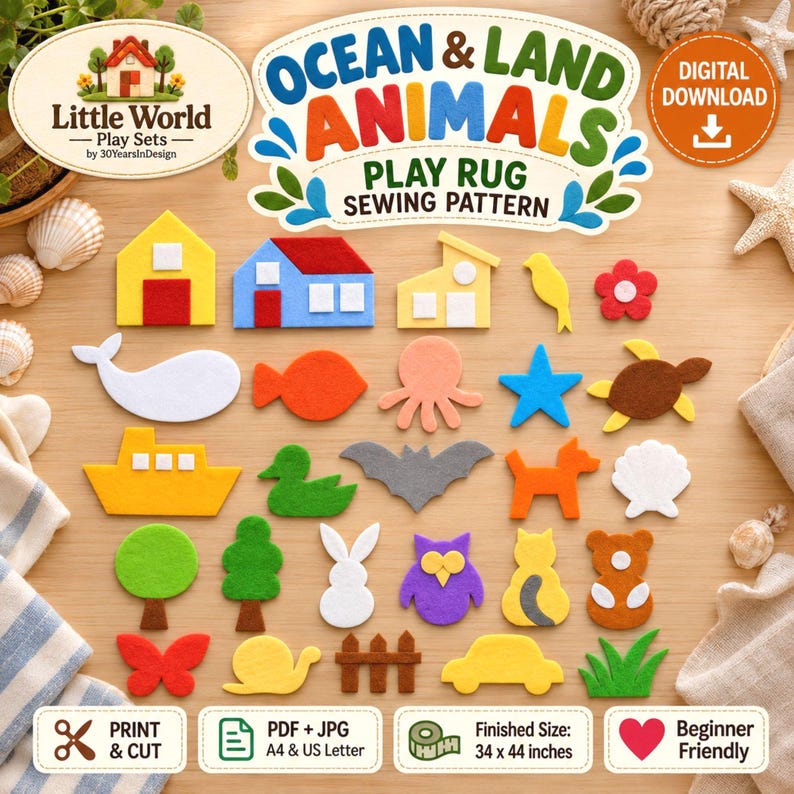 Ocean & Land Animals Play Mat Sewing Pattern, Kids Play Rug , Felt and Fabric Activity Mat, Customizable Design (Digital Download)