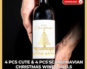 Retro Christmas Wine Label Bundle: Funny Scandinavian Designs (PDF)