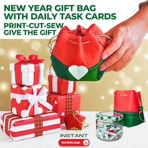 May include: Red and green drawstring gift bag with a white heart on the front. The bag is filled with small rolled up pieces of paper. The image also shows a stack of red and green wrapped gifts and a glass jar with a lid.