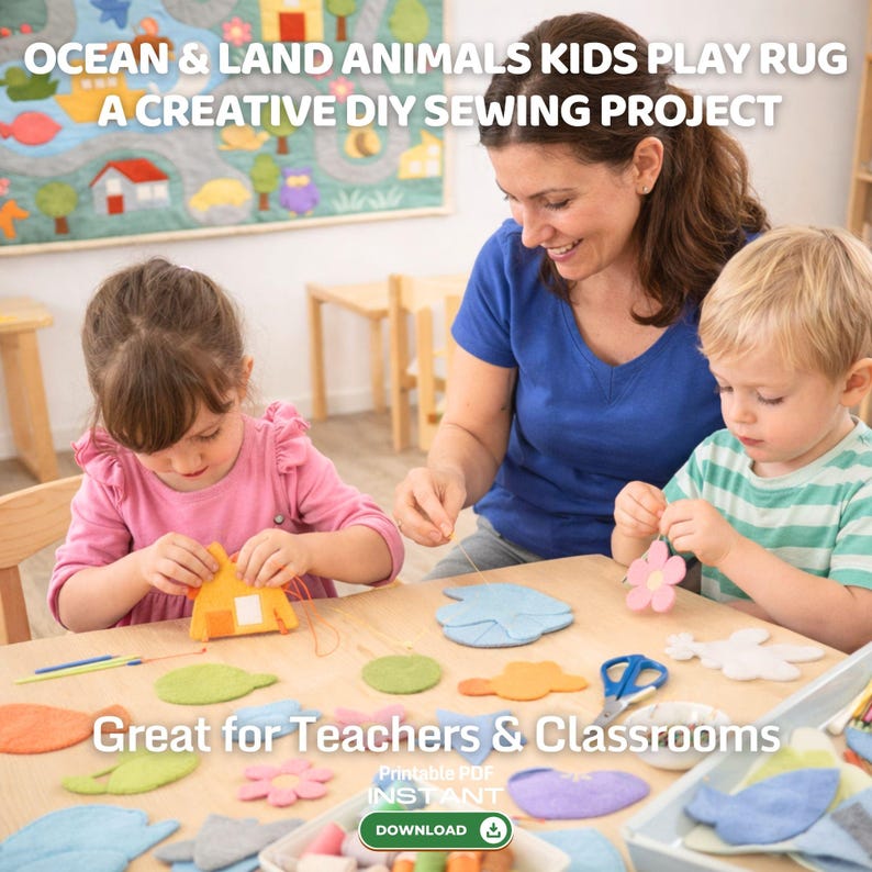 Ocean & Land Animals Kids Play Rug Sewing Pattern, DIY Play Mat PDF, Cut and Sew Felt or Fabric Rug (Digital Download)