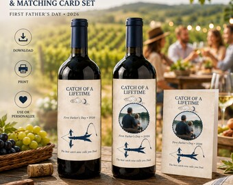 Vintage Fishing First Father's Day Wine Label Card Set (Digital Download)