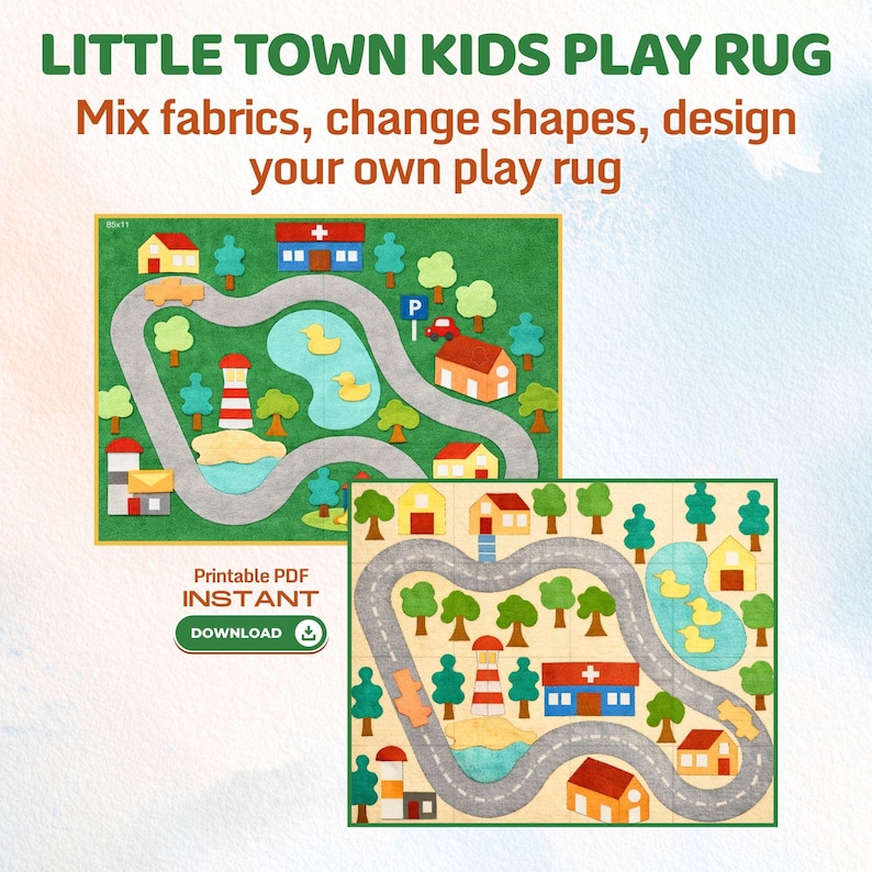 Little Town Kids Play Rug Sewing Pattern, DIY Play Mat PDF, Cut and Sew Felt or Fabric Play Rug (Digital Download)