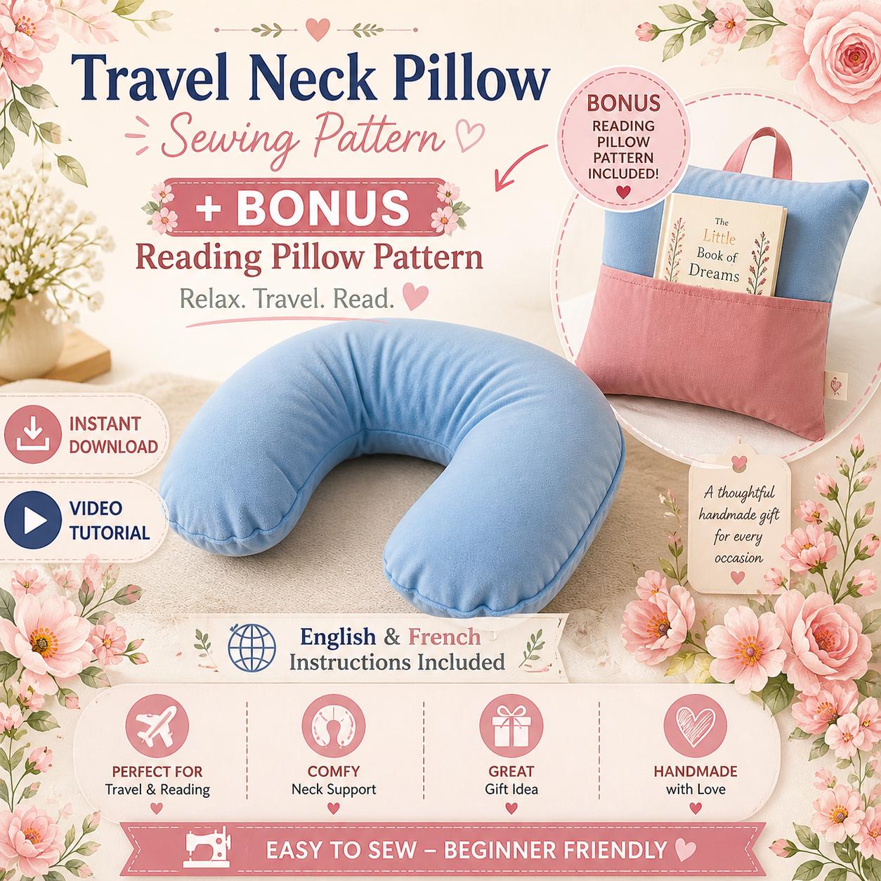 Travel Neck Pillow and Bonus Reading Pillow Sewing Pattern, Summer
