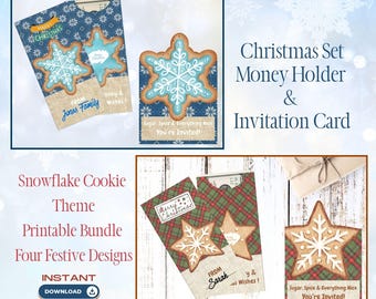 Snowflake Cookie Christmas Card Set, Money Holder Invitation (PDF)