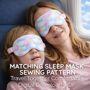 May include: Two people wearing matching sleep masks. The masks are light blue with a pattern of clouds and colorful shapes. The text on the image reads: "Matching Sleep Mask Sewing Pattern. Travel Together Comfortably. Digital Download PDF."