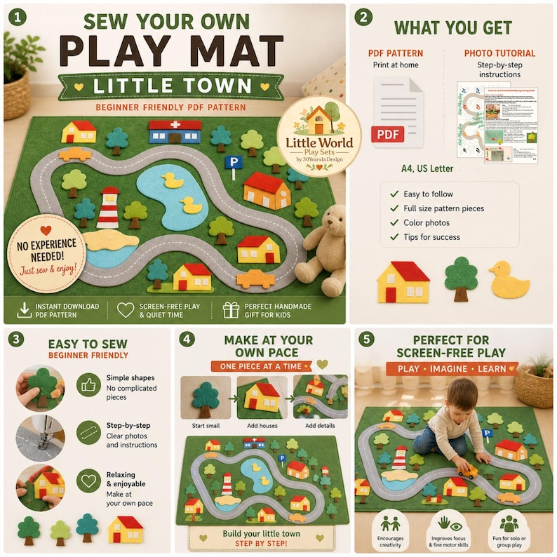 Little Town Play Mat Sewing Pattern, Kids Play Rug Pattern, Felt & Fabric Activity Mat, Customizable Design, City Theme (Digital Download)