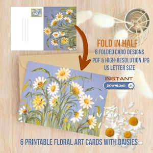 Zomerliefde gevouwen wenskaarten set 6 afdrukbare bloemenkunstkaarten met madeliefjes, romantisch olieverfschilderijontwerp 9 x 6 inch gevouwen pdf + JPG