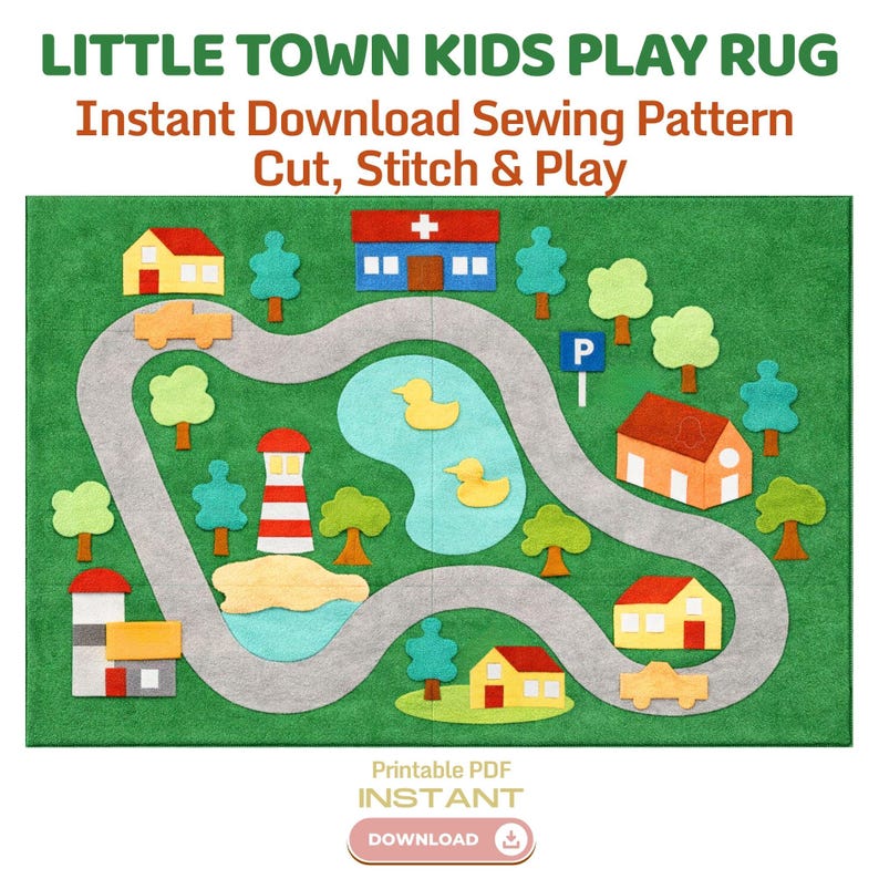 Little Town Kids Play Rug Sewing Pattern, DIY Play Mat PDF, Cut and Sew Felt or Fabric Play Rug (Digital Download)