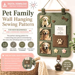May include: A rectangular olive green felt wall hanging featuring three square photo slots, a brown pocket with a paw print applique, and decorative felt shapes including a bone and flowers. A brown felt paw tag labeled Buddy hangs below.