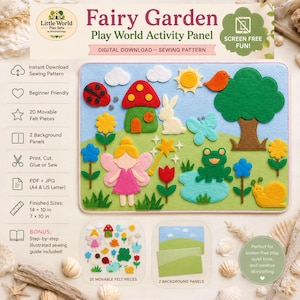 Può includere: Un cartamodello digitale per un pannello attività Fairy Garden Play World. Il set include 20 pezzi in feltro mobili come una fata, una casa a fungo, un coniglio e una rana, più 2 pannelli di sfondo. Le dimensioni finite sono 35,56 x 25,4 cm e 17,78 x 25,4 cm.
