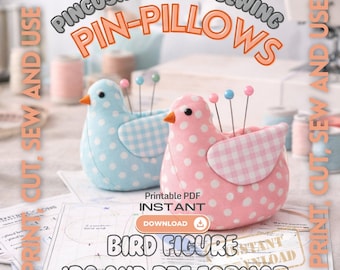 Puede incluir: Dos alfileteros con forma de pájaro, uno azul claro con lunares blancos y otro rosa con lunares blancos, ambos con alas de cuadros y picos naranjas. El texto dice: PINCUSHIONS FOR SEWING PIN-PILLOWS PRINTABLE PDF INSTANT DOWNLOAD BIRD FIGURE JPG AND PDF FORMAT.