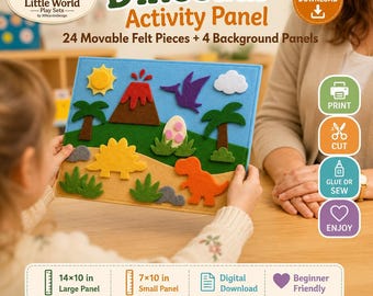 Dinosaur Story World Activity Panel Sewing Pattern, 24 Felt Pieces, Beginner Friendly Kids Craft, DIY Template PDF (Digital Download)