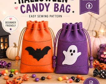 Halloween Candy Bag Sewing Pattern, Drawstring Bag for Trick or Treat, Easy Beginner PDF (Digital Download)
