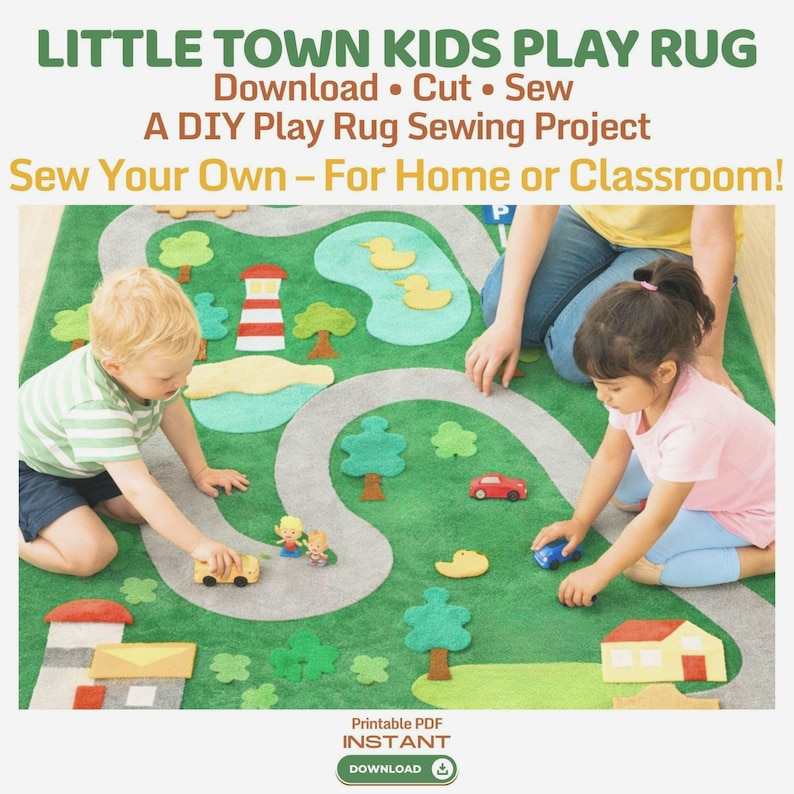 Little Town Kids Play Rug Sewing Pattern, DIY Play Mat PDF, Cut and Sew Felt or Fabric Play Rug (Digital Download)