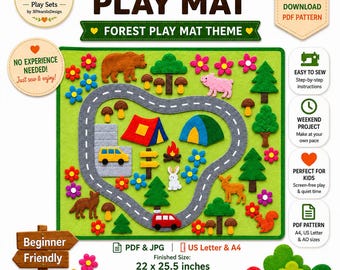 Forest Camping Play Mat Sewing Pattern, Woodland Animals Theme, Felt & Fabric Kids Activity Mat (Digital Download)