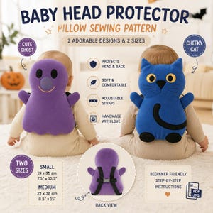 Süßes Geist und freche Katze Baby Kopfschutz Kissen. PDF PDF Nähanleitung 2 Größen Baby Sicherheit Kissen Vorlage