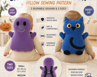 Cute Ghost and Cheeky Cat Baby Head Protection Pillow. Beginner Friendly PDF Pattern 2 Sizes Baby Safety Pillow Template