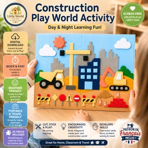 Puede incluir: Un juego de construcción de fieltro con una grúa amarilla, un camión volquete, una excavadora y varias señales de tráfico frente a un horizonte urbano. El tablero incluye texto como Construction Play World Activity y Day & Night Learning Fun.
