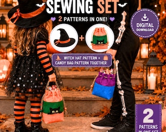 Halloween Sewing Pattern Set, Witch Hat & Drawstring Candy Bag PDF, Costume and Trick or Treat, Beginner Digital Download