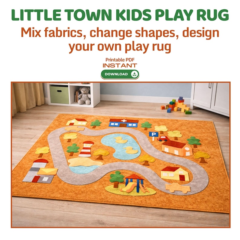 Little Town Kids Play Rug Sewing Pattern, DIY Play Mat PDF, Cut and Sew Felt or Fabric Play Rug (Digital Download)