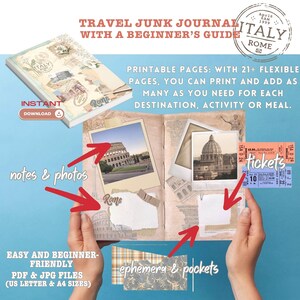 Conjunto de diário de viagem Roma Itália para impressão, presente de aniversário, álbum de itens efêmeros, planejador de bolso para diário de viagem pelo mundo, páginas de diário de férias