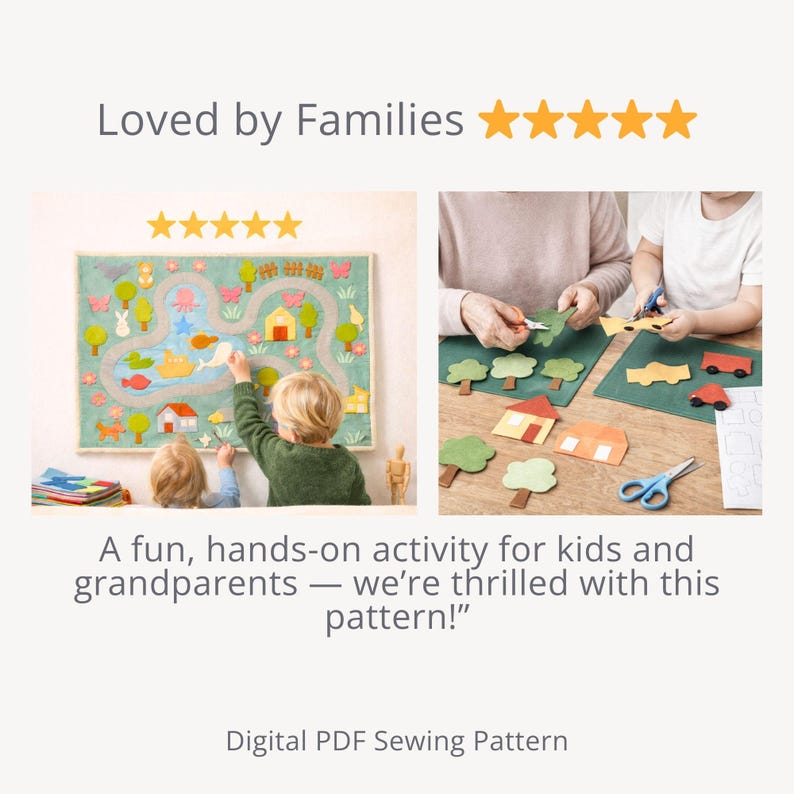 May include: A felt play mat with a road, river, and various felt shapes, including trees, houses, and animals. The image also shows children and adults crafting felt shapes. Text reads "Loved by Families" and "A fun, hands-on activity for kids and grandparents".