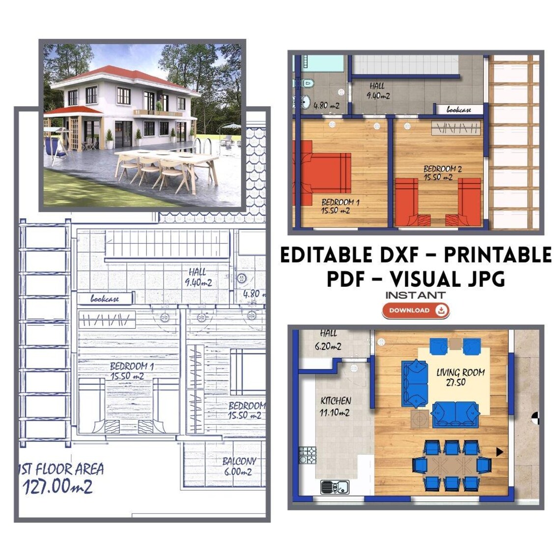 2 Bedroom Duplex House Plan: Modern Twin Home Design (DXF, PDF, JPG) - Etsy