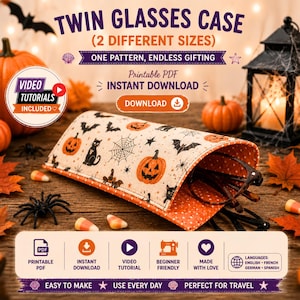 May include: A fabric glasses case featuring a Halloween pattern with orange pumpkins, black cats, bats, and spiderwebs on a cream background. The interior lining is orange with white polka dots. Text includes TWIN GLASSES CASE and PRINTABLE PDF.