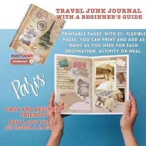 Planificador de viaje de bolsillo imprimible de París para cumpleaños, kit de papeles digitales para diario basura con diseños florales, página de álbum de recortes vintage efímero