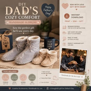 May include: Image features handmade slippers in two styles, perfect for Father's Day. The design includes a classic boot style and a low-cut style, available in various sizes. A navy blue mug with "BEST DAD EVER" is also shown.