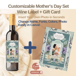 Set de regalo de vino imprimible para el Día de la Madre, tarjeta de regalo con etiqueta de vino, accesorios de vino personalizables, etiqueta personalizada para botella de vino, plantilla editable