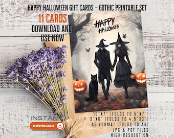 Gothic Halloween Greeting Cards Set: Spooky Witchy Postcards (Printable JPG & PDF Files)