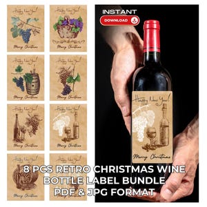 Lot d'étiquettes de bouteille de vin de Noël rétro, modèle d'étiquette de vin imprimable drôle, étiquette de champagne Pdf & étiquette cadeau vin, idée cadeau de dernière minute