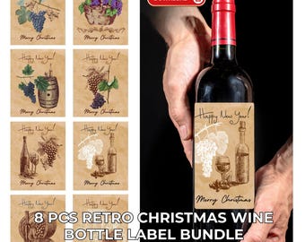 Retro Christmas Wine Label Bundle: 8-Piece Funny Printable (PDF & JPG)