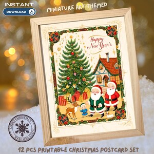 Tarjeta navideña imprimible de 5x7, arte en miniatura desplegable, colección vintage, postales de Año Nuevo, arte mural navideño, etiqueta de felicitación de Año Nuevo