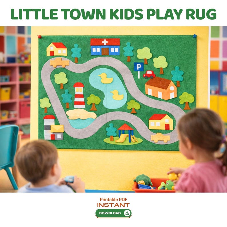 May include: A green felt wall hanging featuring a town scene with a gray winding road, a blue pond with yellow ducks, a red and white lighthouse, various houses, trees, a hospital with a red cross, a parking sign, and a playground slide.