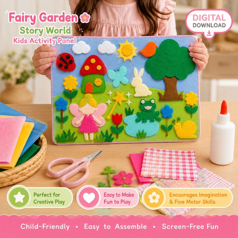 Fairy Garden Story World felt activity panel with a fairy, mushroom house, flowers, trees, frog, rabbit, ladybug, snail, butterflies, and colorful garden pieces, shown with scissors, fabric pieces, and glue for a DIY kids craft project.